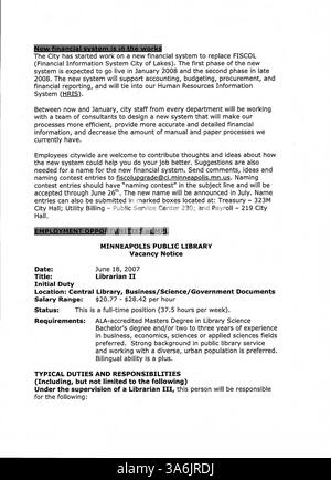 Cette édition 2007 du bulletin officiel de la bibliothèque publique de Minneapolis fournit aux employés de la bibliothèque du comté de Hennepin des mises à jour hebdomadaires clés, des annonces de la bibliothèque et des informations relatives au personnel. Banque D'Images