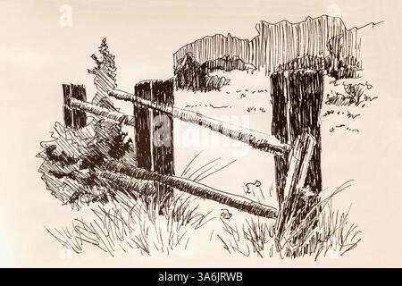 Clôture en bois rustique sur champ herbeux dans le style à l'encre dessiné à la main avec des arbres et des collines en arrière-plan. Concept de campagne, simplicité et charme rural Banque D'Images