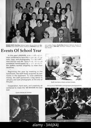 Le Washburn Yearbook 1968, '68 Wahian', capture les événements clés de Washburn High School au cours de l'année académique 1967-1968, y compris la vie étudiante, le corps professoral, l'athlétisme, les clubs, et des événements scolaires. Il met en lumière les contributions afro-américaines à la communauté scolaire. Banque D'Images