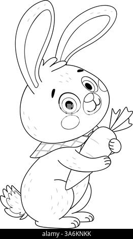 Joli lapin de Pâques Hugs grande page de coloriage de carotte. Style dessin au trait dessiné à la main. Lapin ou lièvre avec carotte mûre et juteuse, livre de coloriage de caractère de vacances d'animaux de fête du printemps. Illustration de Vecteur