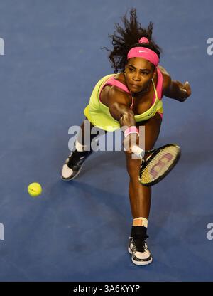 31 janvier 2015 - Melbourne, Australie - SERENA WILLIAMS, des États-Unis, en route pour remporter la finale féminine en simple. Williams bat M. Sharapova pour remporter son sixième Open d'Australie et son 19e titre de Grand Chelem. Le numéro un mondial américain a gagné 6-3 7-6 (7-5) après que Sharapova a riposté dans le deuxième set. Williams, 33 ans, dépasse Martina Navratilova et Chris Evert avec un 19e titre majeur en single. Elle a maintenant battu la russe Sharapova, numéro deux mondial, 16 fois de suite depuis 2004. (Crédit image : © Theo Karanikos/ZUMA Wire) Banque D'Images