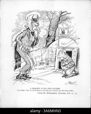 La caricature politique montre oncle Sam confrontant le professeur Groundhog, qui prédisait six semaines d'hiver de plus en février. Banque D'Images