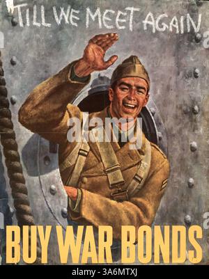 Un caporal de l'armée américaine fait des vagues depuis le hublot d'un navire dans une affiche de temps de guerre de 1942 exhortant l'achat d'obligations de guerre pendant la IIe Guerre mondiale Banque D'Images