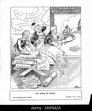 Cette caricature représente un cartographe et géographe luttant avec la révision des cartes des Balkans lors de la 2ème Conférence de paix des Balkans, alors que la Bulgarie et la Turquie s'affrontent sur Adrianople. Banque D'Images