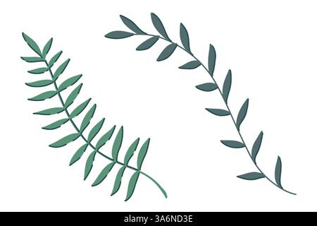 Ensemble de feuilles tropicales dessinées à la main comprenant deux élégantes branches vertes avec des feuilles minces. Style plat minimaliste. Convient pour un décor respectueux de l'environnement, affiches Illustration de Vecteur