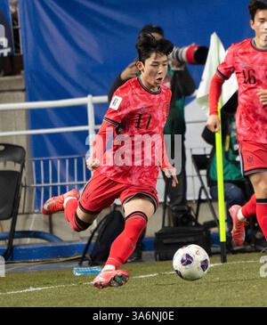 Suwon, Corée du Sud. 25 mars 2025. Le joueur sud-coréen Yang min-hyeok (17 ans) dribble le ballon lors d'un match de football de la 3e qualification de la Coupe du monde de la FIFA entre la Corée du Sud et la Jordanie au stade de la Coupe du monde de Suwon à Suwon, en Corée du Sud, le 25 mars 2025. Score Corée du Sud-Jordanie 1-1. (Photo de Lee Young-ho/Sipa USA) crédit : Sipa USA/Alamy Live News Banque D'Images