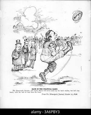 Caricature politique représentant les dirigeants démocrates Grover Cleveland, David Hill et Alton Parker discutant de la position politique de William Jennings Bryan et de leur opposition à lui. La bande dessinée décrit avec humour leur relation avec Bryan alors qu'il tient un ballon de football représentant son influence politique. Banque D'Images