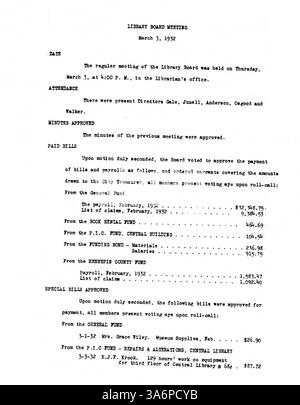 Les procès-verbaux de réunion de 1932 du conseil d'administration de la bibliothèque publique de Minneapolis saisissent les décisions clés concernant les services de bibliothèque, les défis financiers et la sensibilisation de la communauté au début des années 1930 Banque D'Images