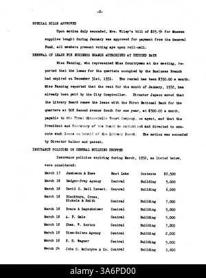 Les procès-verbaux de la réunion du conseil d'administration de la Bibliothèque publique de Minneapolis en 1932 reflètent d'importantes discussions sur la gestion des bibliothèques, les services publics et la planification financière pendant la Grande dépression. Banque D'Images