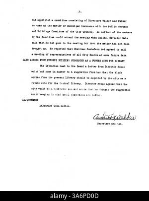 Les procès-verbaux de réunion de 1932 du conseil d'administration de la bibliothèque publique de Minneapolis consignent les décisions clés sur les opérations, le financement et les services de la bibliothèque en période de tension économique. Banque D'Images