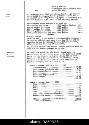 Les procès-verbaux des réunions de 1965 du conseil d'administration de la Bibliothèque publique de Minneapolis consignent les décisions concernant la gouvernance, les services et les changements opérationnels de la bibliothèque au cours de l'année. Banque D'Images