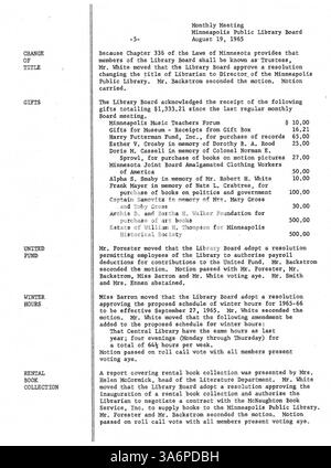Ces procès-verbaux de 1965 soulignent les décisions du conseil d'administration de la Bibliothèque publique de Minneapolis sur les opérations, les services et la politique publique de la bibliothèque au cours de cette période. Banque D'Images