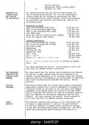 Ces 1965 minutes documentent les décisions prises par le conseil d'administration de la bibliothèque publique de Minneapolis sur les services de bibliothèque, les politiques publiques et les questions de gouvernance au cours de cette année. Banque D'Images