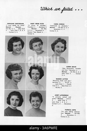 L'annuaire Dayesye 1959 de l'Académie de la Marguerite documente les étudiants, les professeurs, les clubs, les équipes sportives, et d'autres événements scolaires importants de l'année scolaire 1958-1959. Banque D'Images