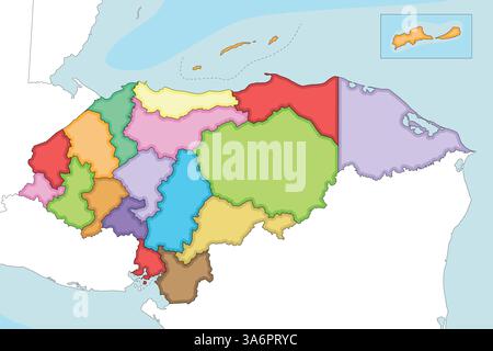 Vecteur illustré carte vierge régionale du Honduras avec les départements et divisions administratives, et les pays et territoires voisins. Modifiable Illustration de Vecteur