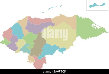 Carte vierge régionale vectorielle du Honduras avec départements ou territoires et divisions administratives. Calques modifiables et clairement étiquetés. Illustration de Vecteur
