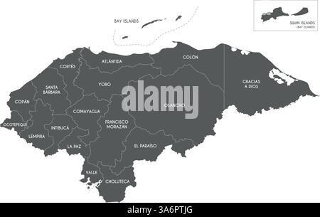 Carte régionale vectorielle du Honduras avec départements ou territoires et divisions administratives. Calques modifiables et clairement étiquetés. Illustration de Vecteur