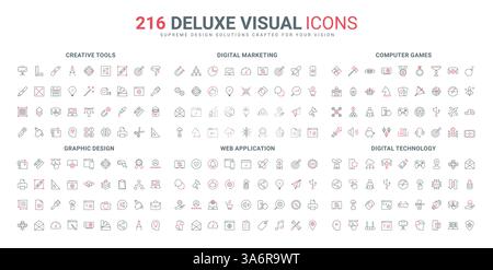 Genres et appareils de jeux vidéo, jeu d'icônes de ligne d'application Web. Tablette et téléphone, outils numériques marketing et logiciels pour la création de contenu mince illustration vectorielle de symboles de contour noir et rouge Illustration de Vecteur