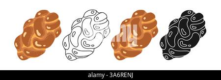 Pain cuit au four en forme d'icône de queue de cochon, de seigle ou de blé. Pain dessiné à la main différents styles définissent l'ensemble de dessins animés de silhouette. Pour l'image de marque d'épicerie de boulangerie, les menus, les livres de recettes pâtisseries vecteur texturé Illustration de Vecteur