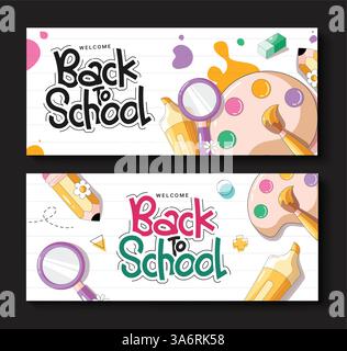 Design de bannière clipart de retour à l'école. Bienvenue de retour à l'école modèle de carte de texte de voeux clip art dans le fond d'aquarelle d'espace de papier Illustration de Vecteur