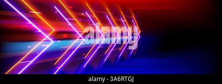 Flèches lumineuses futuristes au néon se déplaçant à grande vitesse, effet de traînée de mouvement dynamique. Les lignes brillantes vives stimulent le concept, fond de technologie abstrait avec des bandes lumineuses. illustration cyberpunk vibrante. Illustration de Vecteur