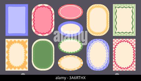 Ensemble de cadres de bordure ondulée Groovy - cadres de couleurs pastel avec des motifs de tourbillon de points, éléments à carreaux, bords festonnés ovales pour les projets de conception rétro des années 60 et 70. Arrière-plans vectoriels colorés à carreaux funky. Illustration de Vecteur