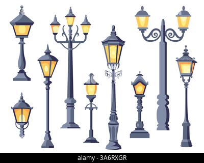 Lumières rétro de rue. Fonte forgeant des lampes de ville, lanternes de parc vintage, éléments d'éclairage de rue de style ancien, lampadaire de route, plat de dessin animé Illustration de Vecteur