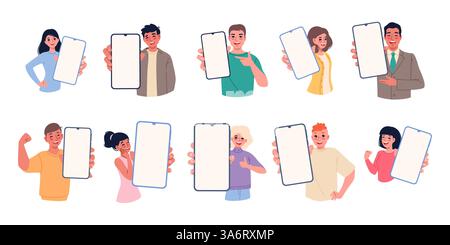 Les gens montrant des téléphones portables. Personnages souriants tenant des smartphones, grands écrans d'appareils, communication numérique, écran vide dessin animé plat Illustration de Vecteur