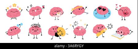 Personnage de cerveau de dessin animé. Esprit mignon rose avec les pieds, les mains et le visage riant drôle, mascotte intelligente d'organe humain, symbole éducatif, emoji creatur isolé Illustration de Vecteur