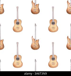 Aquarelle électrique et acoustique six guitares à cordes sans couture motif isolé fond. Illustration marron d'un instrument de musique à cordes. Banque D'Images