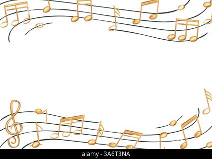 Notes de musique jaunes sur bordure rectangulaire noire avec espace de copie pour le texte. Symboles sonores dorés sur l'illustration aquarelle du personnel isolé Banque D'Images