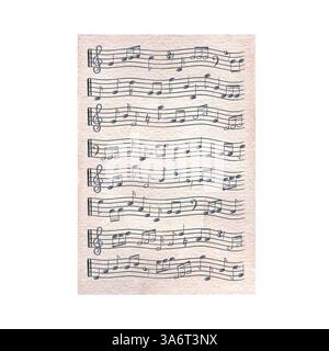 Feuille de musique avec composition musicale soignée sur fond isolé d'illustration d'aquarelle de personnel. Papier avec des notes de musique noires sur la grille de portée. Banque D'Images
