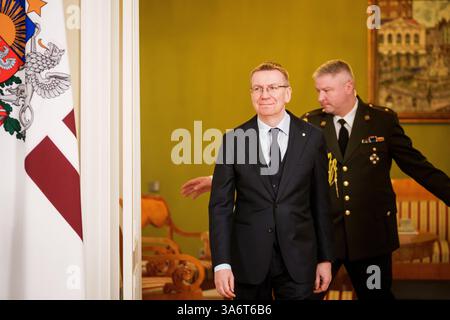 RIGA, Lettonie. 26 juillet 2025. Edgars Rinkevics (sur photo), Président de la Lettonie rencontre le 5ème Président de la Géorgie, Salomé Zourabichvili. Crédit : Gints Ivuskans/Alamy Live News Banque D'Images