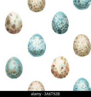 Motif sans couture de Pâques avec oeuf tacheté de caille sur le fond blanc. Design décalé aquarelle dessiné à la main dans un style vintage. Imprimé mignon idéal pour Banque D'Images