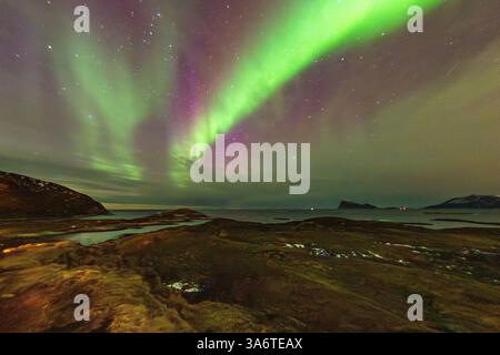 Belle Aurora Borealis sur la maison sur l'île de Kvaløya, dansant les aurores boréales avec la lumière verte, les grèves rouges et violettes, les rayons colorés clairs Banque D'Images
