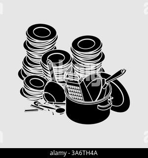 Icône vaisselle sale. Montagne d'assiettes sales et de pots symbole. Illustration de Vecteur