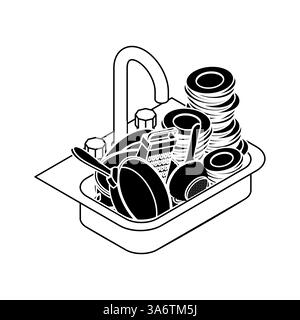 Vaisselle sale dans l'évier. Montagne d'assiettes sales et de pots Illustration de Vecteur
