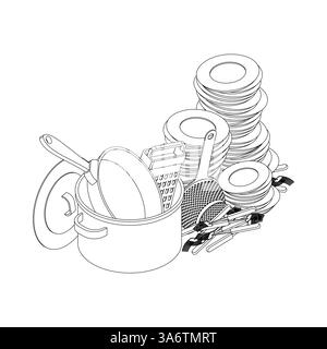Vaisselle sale. Montagne d'assiettes sales et de pots. Illustration de Vecteur