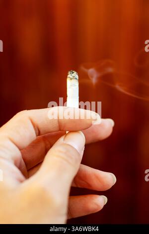 Gros plan d'une main tenant une cigarette avec de la fumée qui dérive doucement, capturant le moment d'indulgence. Banque D'Images