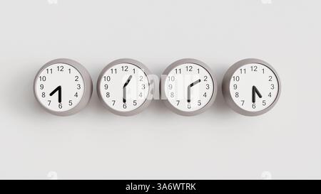 Quatre horloges murales avec le temps autour du monde sur un mur blanc, horloges montrant les fuseaux horaires du monde Banque D'Images