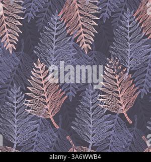 Motif tendance de feuilles tropicales bleu foncé et rose Illustration de Vecteur