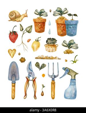 Ensemble de jardinage et de récolte d'aquarelle avec des légumes, des outils et des plantes. Comprend tomate, pomme de terre, arrosoir, pelle, fourchette, germe et feuilles Banque D'Images