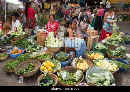 29 juillet 2004 ; Tapachula, Chiapas, MEXIQUE ; Mercado San Juan à Tapachula, Chiapas, Mexique. Les marchés mexicains sont le centre de la vie quotidienne, en particulier dans les petites villes. Dans un pays où beaucoup de gens n'ont pas de réfrigérateurs, les gens viennent au marché presque tous les jours pour acheter des aliments frais, et pendant qu'ils sont là, ils s'occupent des tâches comme les coupes de cheveux et les petits articles ménagers. Certains achètent même leurs vêtements au marché. La plupart des stands de marché sont loués par des femmes ou des familles et il y a très peu de présence d'entreprises sur le marché, contrairement aux centres commerciaux aux États-Unis. Banque D'Images