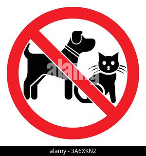Panneau d'avertissement « animaux de compagnie interdits » comportant un symbole de barre oblique rouge circulaire à l'intérieur du chien noir et du chat Illustration de Vecteur
