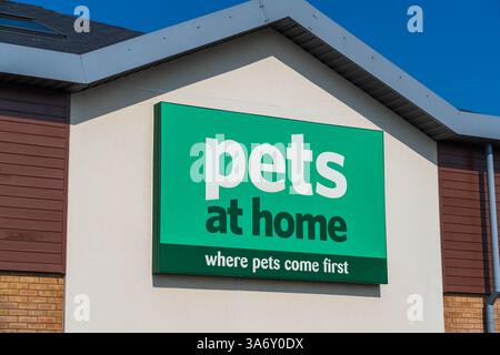 Ludlow, Shropshire, Royaume-Uni - 24 mars 2025 : signalisation externe de la chaîne de vente au détail Pets at Home Banque D'Images