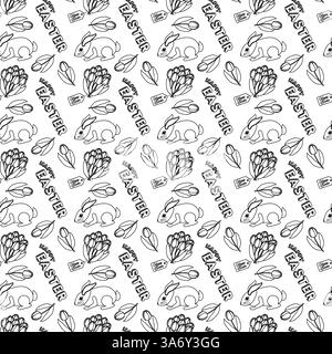 Motif sans couture noir et blanc avec lapins de Pâques, tulipes, bouquets et - joyeuses Pâques - texte dans un style doodle dessiné à la main. Idéal pour les enfants. Illustration de Vecteur