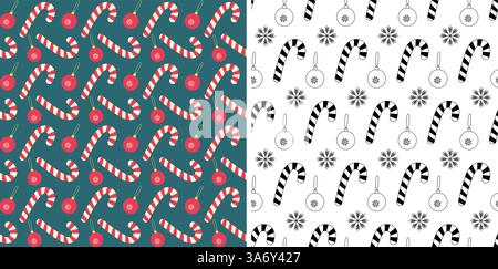 Candy Cane boule de Noël Snowflake Seamless Patterns Set 2 fonds de Noël colorés et encrés. Illustration vectorielle isolée Noël et nouvel an papier peint textile de voeux ou bannière promo Web Illustration de Vecteur