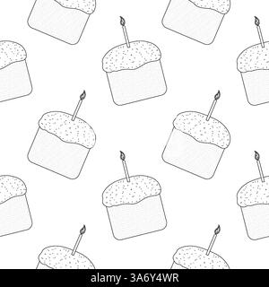 Motif sans couture dessiné à la main avec des gâteaux de Pâques traditionnels avec glaçage, saupoudres et bougies en noir et blanc. Coloriage pour les enfants. Illustration de Vecteur