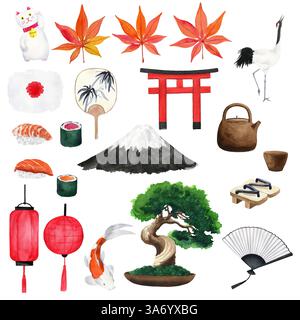 Grand ensemble avec poisson Koi, lanterne rouge, bonsaï arbre de pin, fans, drapeau, feuille d'érable, sushi, héron, théière, tasse de thé, maneki neko, portail torii, chaussures zori. Banque D'Images