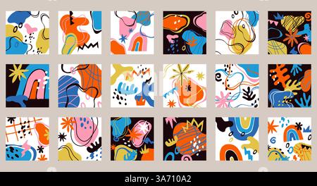 Les formes tendance des collages. Design abstrait, compositions modernes, objets de doodle de couleur, éléments contemporains. Griffonner les formes minimales de courbe, les médias sociaux Illustration de Vecteur